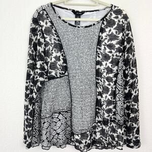 Ali Miles Womens Long Sleeve Blouse Top Size 1X Mixed Media Floral Sheer Black